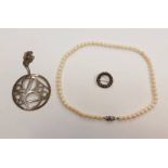 CULTURED PEARL SINGLE STRAND NECKLACE, SCOTTISH SILVER PENDANT ON PENDANT BY JAMES KERR SHETLAND,