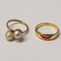 GOLD 2-STONE PEARL SET TWIST RING & GOLD RUBY SET RING - 5.
