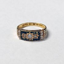 VICTORIAN 18CT GOLD IN MEMORY 3-STONE DIAMOND & SEED PEARL RING DATED 1886 - RING SIZE N, 3.