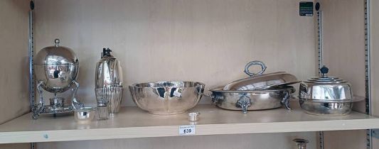 SELECTION OF SILVER PLATED WARE INCLUDING EGG CODDLER, LIDDED ENTREE DISH ON 4 SUPPORTS,