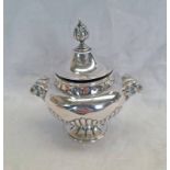 VICTORIAN SILVER INKWELL WITH TWIN RAMS HEAD HANDLES & HALF FLUTED DECORATION BY JAMES HENNELL,