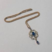 ARTS & CRAFTS STYLE SEED PEARL & GEM SET PENDANT ON CHAIN MARKED 15CT. WEIGHT OF CHAIN 8 GRAMS.