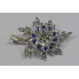 SAPPHIRE & DIAMOND SET FLORAL SPRAY BROOCH - 4CM LONG