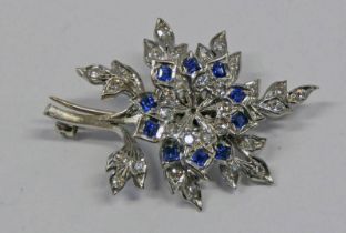 SAPPHIRE & DIAMOND SET FLORAL SPRAY BROOCH - 4CM LONG