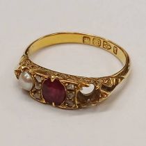 LATE VICTORIAN 18CT GOLD PEARL RUBY & ROSE CUT DIAMOND SET RING, CHESTER 1892 - A/F, 3.