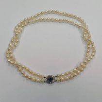 CULTURED PEARL DOUBLE STRAND NECKLACE WITH 9CT GOLD PEARL & CITRINE SET CLASP - 45CM LONG