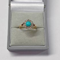 EARLY 20TH CENTURY 18CT GOLD TURQUOISE & DIAMOND CLUSTER RING,