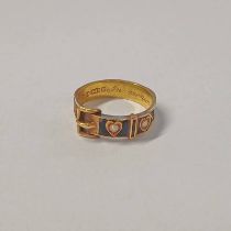 VICTORIAN 15CT GOLD SEED PEARL BUCKLE RING INSCRIBED IN MEMORY AGNES MARY 14/1/1893 10/9/1894 -