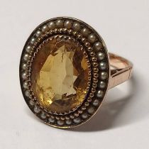 EARLY 20TH CENTURY CITRINE & SEED PEARL CLUSTER RING - 7.