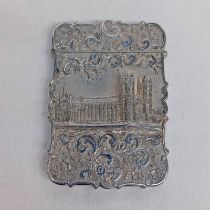 VICTORIAN SILVER CASTLE TOP CARD CASE WITH A DEEP RELIEF DEPICTION OF WESTMINSTER ABBEY WITHIN A