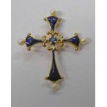 14K GOLD PEARL, DIAMOND & BLUE ENAMEL CROSS PENDANT - 3.6CM LONG, 3.