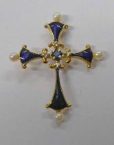 14K GOLD PEARL, DIAMOND & BLUE ENAMEL CROSS PENDANT - 3.6CM LONG, 3.