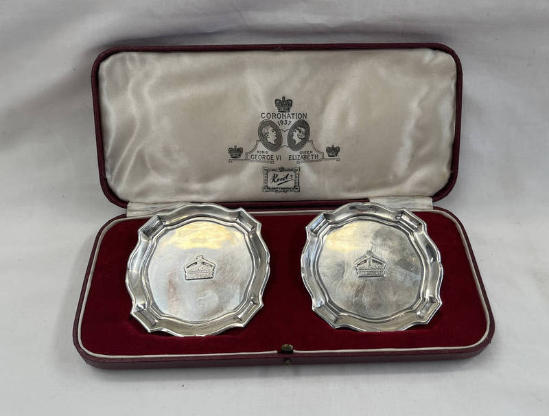 CASED PAIR GEORGE VI SILVER CORONATION PIN DISHES,
