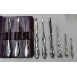 2 SILVER HANDLED BUTTON HOOKS, 2 SETS OF 3 SILVER HANDLED MANICURE ITEMS,