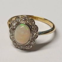 EARLY 20TH CENTURY 18CT GOLD & PLATINUM OPAL & DIAMOND CLUSTER RING,