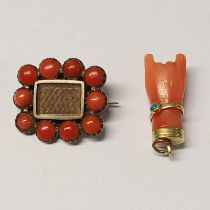 19TH CENTURY GOLD MOUNTED CORAL FIST PENDANT WITH TURQUOISE BANGLE & 19TH CENTURY CORAL SET BROOCH