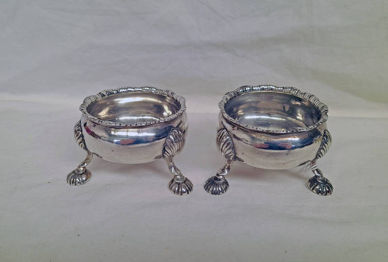 PAIR OF GEORGE III SILVER SALTS ON PAD FEET BY DAVID HENNELL LONDON 1758