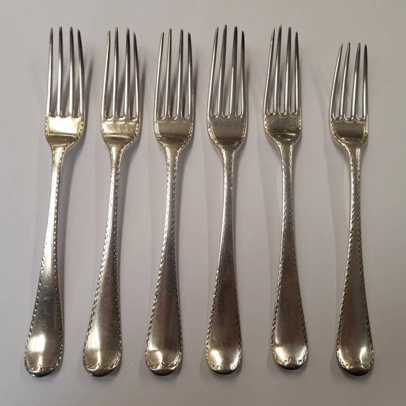 SET OF 6 GEORGE III SILVER BRIGHT CUT TABLE FORKS BY GEORGE SMITH,