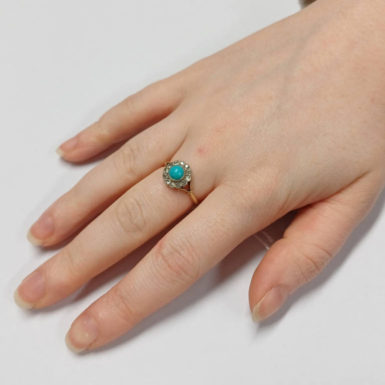EARLY 20TH CENTURY 18CT GOLD TURQUOISE & DIAMOND CLUSTER RING, - Image 2 of 3