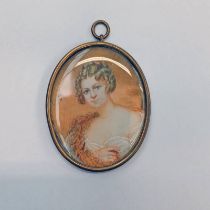 MANNER OF MELLONI YOUNG LADY WITH A FEATHER BOA BEARS SIGNATURE FRAMED PORTRAIT MINIATURE 7 X 5.