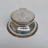 SILVER CIRCULAR INKWELL WITH ROYAL HORSE GUARDS CREST TO LID, LONDON 1895 - 8.