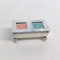 SILVER DOUBLE STAMP BOX WITH SPRING LOADED HINGED LID ON BUN FEET, BIRMINGHAM 1902 - 6.