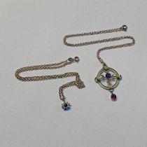 ART NOUVEAU STYLE SEED PEARL & GEM SET PENDANT ON A 9CT GOLD CHAIN & 9CT GOLD CLUSTER PENDANT ON A
