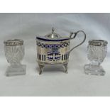 SILVER OVAL MUSTARD POT WITH BLUE GLASS LINER,