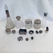 EXCELLENT SELECTION SILVER TOPPED SCENT BOTTLES, JARS, SILVER SALT, SILVER CANDLESTICK FINIAL,