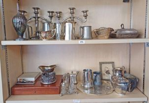 SELECTION OF SILVER PLATED WARE INCLUDING CANDELABRA, WINE SLIDE, MAHOGANY CASED CUTLERY,