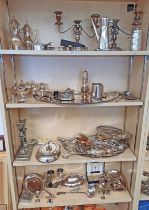 LARGE SELECTION OF SILVER PLATED WARE INCLUDING TRAYS, WINE SLIDE RETAILED BY HARRODS, CANDELABRA,