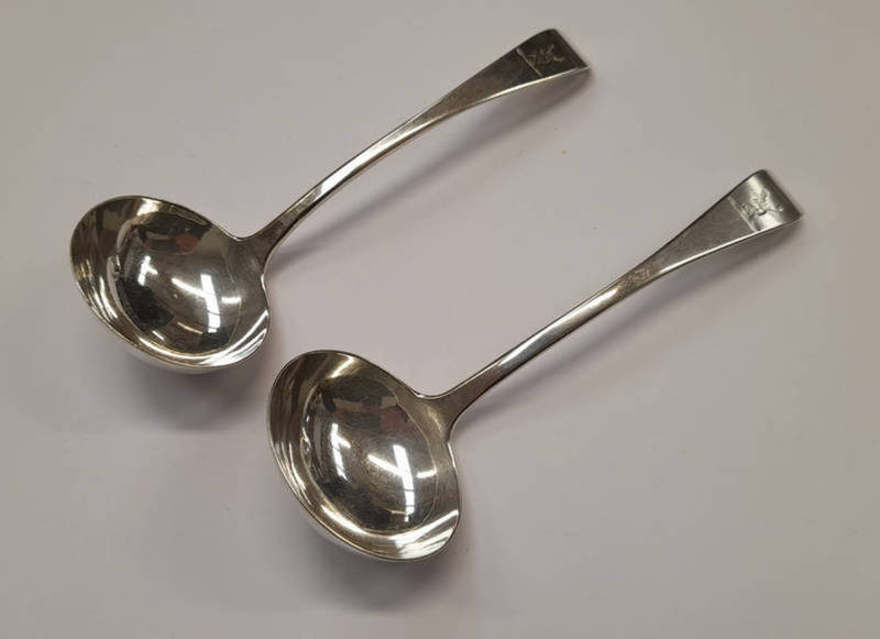 PAIR OF GEORGE III SILVER OLD ENGLISH PATTERN SAUCE LADLES BY WILLIAM CHAWNER,
