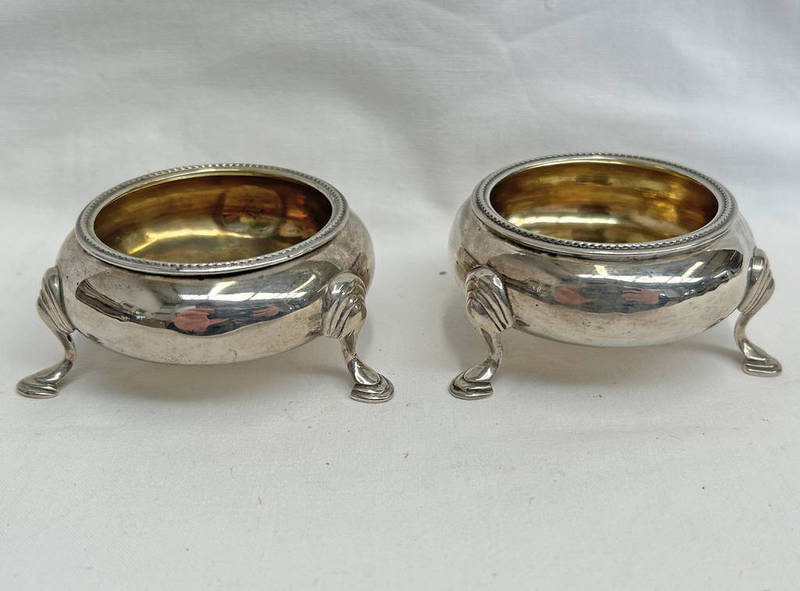 PAIR VICTORIAN SILVER CIRCULAR SALTS ON HOOF FEET BY HENRY HOLLAND,