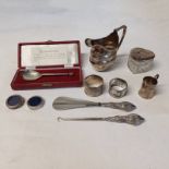 SILVER CREAM JUG, SILVER NAPKIN RINGS, CASED SILVER SEAL TOP SPOON,