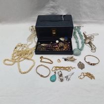 BLUE JEWELLERY BOX & CONTENTS, INCLUDING FACETED AMETHYST BEAD NECKLACE, PAIR 925 SILVER CUFFLINKS,
