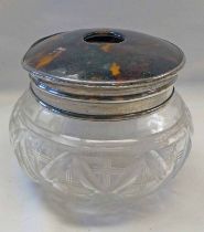 SILVER & TORTOISESHELL LIDDED GLASS DRESSING TABLE JAR,