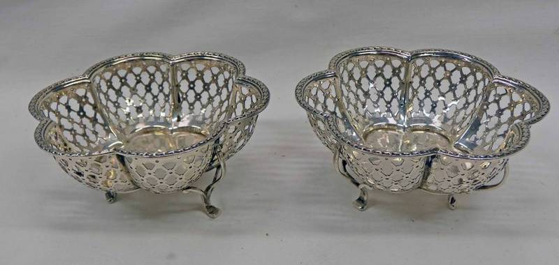 PAIR SILVER DISHES WITH SHAPED PIERCED DECORATION ON 3 SUPPORTS BY MAPPIN & WEBB,