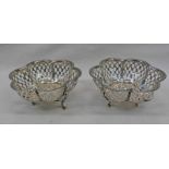 PAIR SILVER DISHES WITH SHAPED PIERCED DECORATION ON 3 SUPPORTS BY MAPPIN & WEBB,
