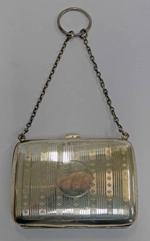 SILVER PURSE WITH ENGRAVED DECORATION FITTED LEATHER INTERIOR & CHAIN HANDLE BY BOOTS PURE DRUG CO.