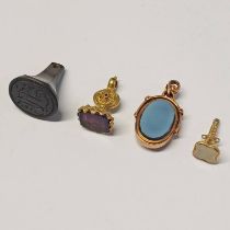 19TH CENTURY GOLD SWIVEL FOB & 3 OTHER INTAGLIO SEAL FOBS