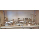 SELECTION OF SILVER PLATED WARE INCLUDING PAIR CANDELABRA, CASED PEPPERS,