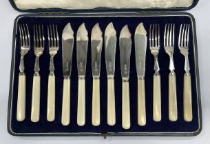 CASED SET 6 SILVER FISH KNIVES & FORKS BY WILLIAM HUTTON & SONS,