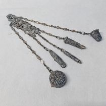 VICTORIAN SILVER CHATELAINE WITH PIERCED DECORATION DEPICTING CLASSICAL FIGURE, INCLUDING PENKNIFE,