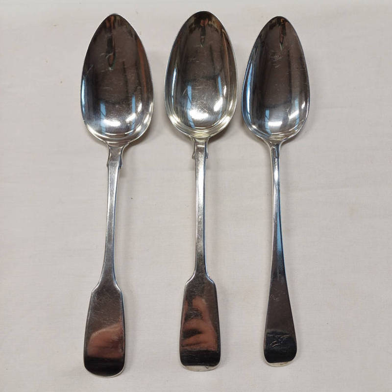 GEORGE III SILVER TABLESPOON, LONDON 1799 & 2 VICTORIAN SILVER TABLESPOONS,