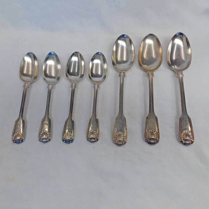 3 VICTORIAN SILVER TABLE SPOONS & 4 VICTORIAN SILVER DESERT SPOONS, LONDON 1847 ETC.