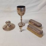 SILVER CAPSTAN INKWELL, 2 SILVER BACKED BRUSHES, VICTORIAN SILVER TROPHY ETC - ALL A/F ,