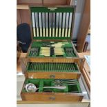 OAK CASED CANTEEN OF SILVER PLATED CUTLERY BY WALKER & HALL Condition Report: No key.