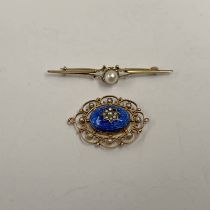 9CT GOLD SEED PEARL & ENAMEL PENDANT & 9CT GOLD PEARL SET BROOCH