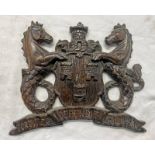 CARVED WOODEN CITY OF NEWCASTLE COAT OF ARMS, FORTITER DEFENDIT TRIUMPHANS,