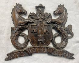 CARVED WOODEN CITY OF NEWCASTLE COAT OF ARMS, FORTITER DEFENDIT TRIUMPHANS,